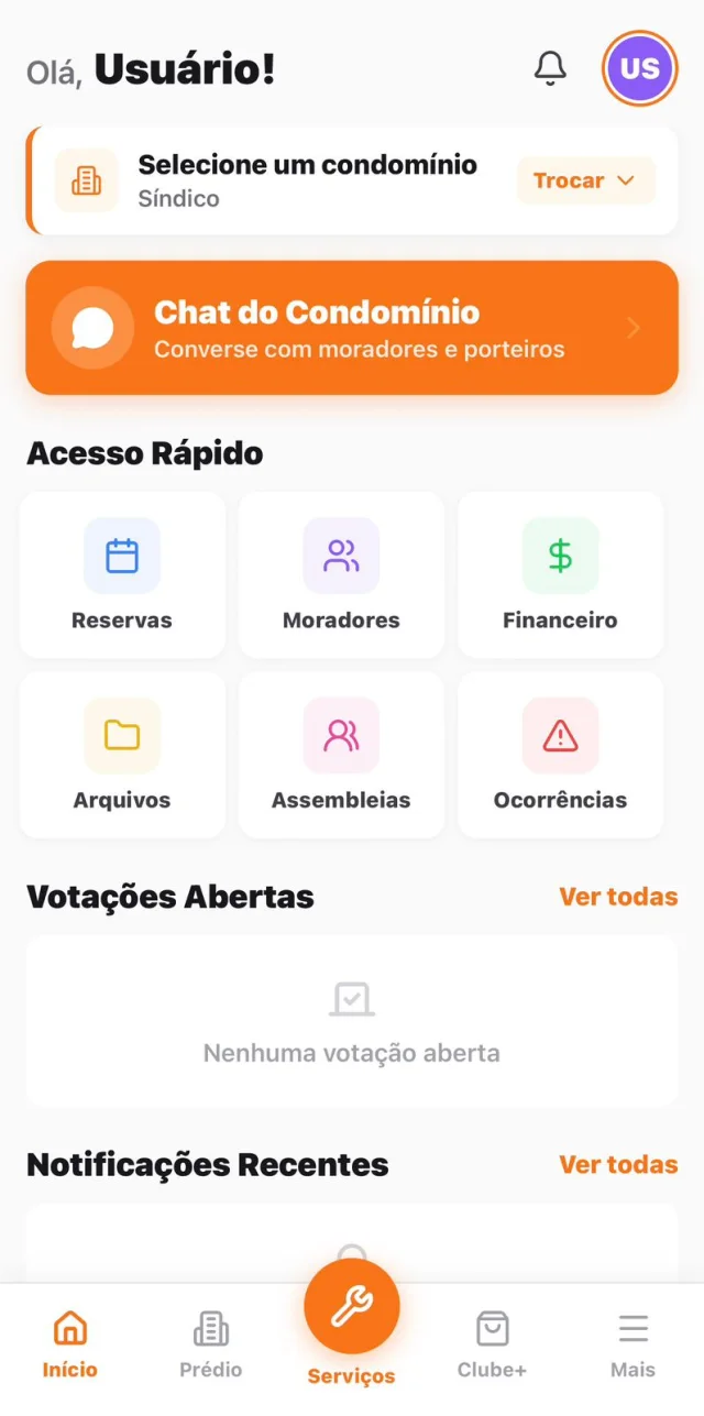 Tela inicial do AtalaHub: seleção do condomínio, chat, reservas, moradores, financeiro, arquivos, assembleias e ocorrências
