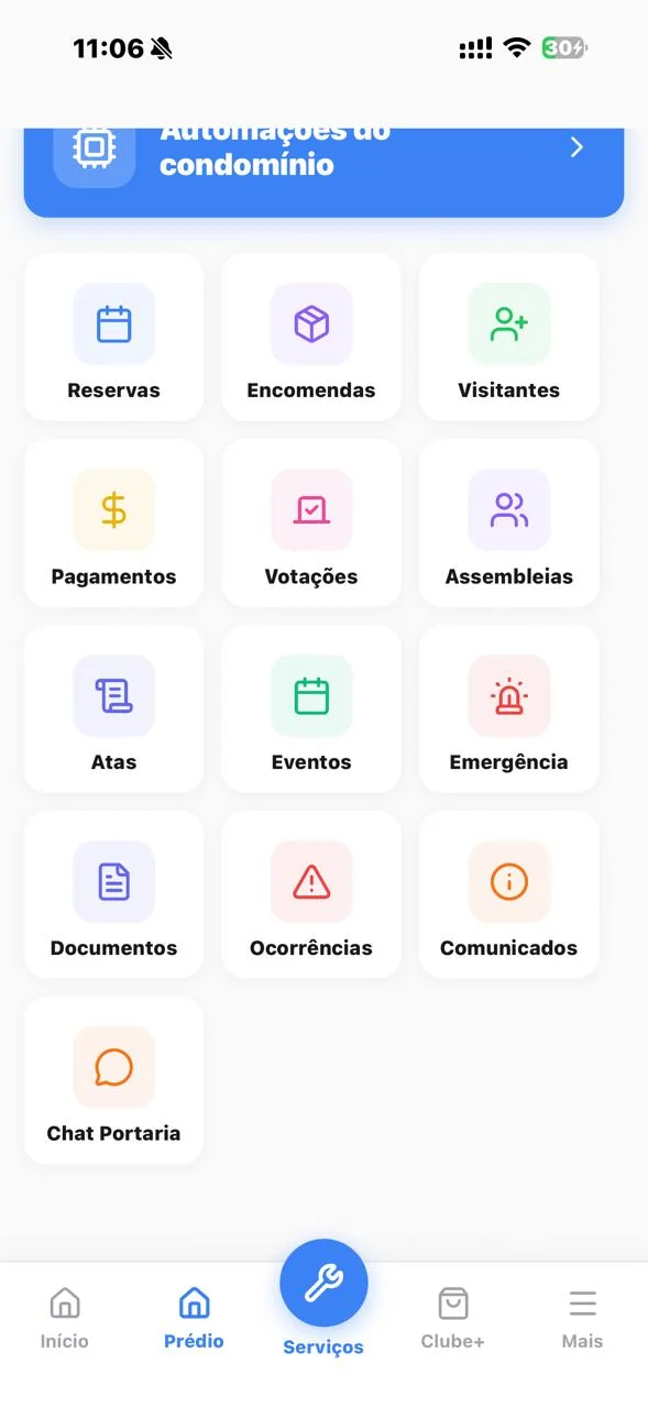 Aba Serviços do AtalaHub com reservas, encomendas, visitantes, pagamentos, votações, assembleias, atas, eventos, emergência, documentos, ocorrências, comunicados e chat da portaria